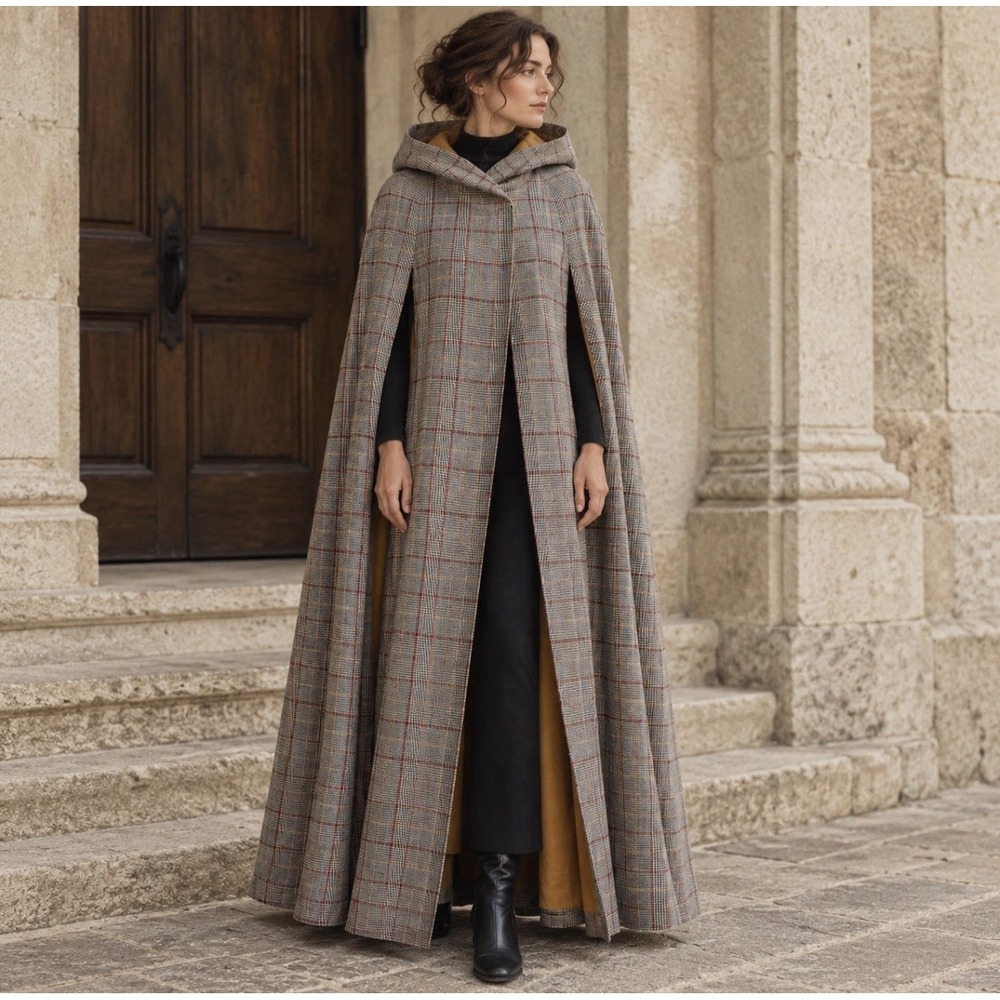 Vintage Hooded Maxi Cape Cloak Glen Plaid Wool Feel Full Length Lined Arm Slits - Picture 1 of 9
